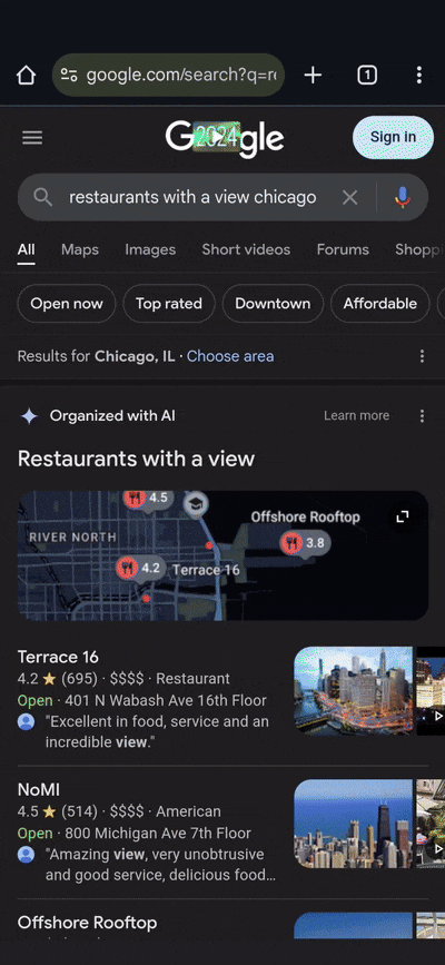 google ai restaurant zoekresultaten